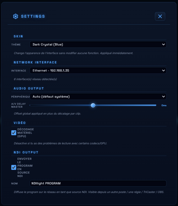 Modale Settings complète