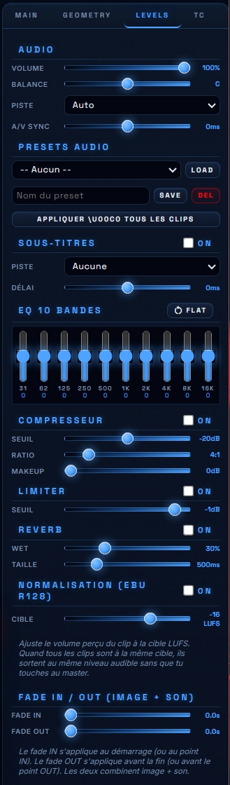 Onglet LEVELS — mastering audio