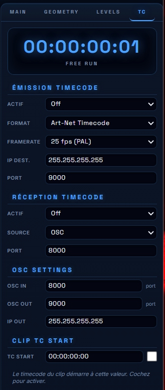Onglet TC — timecode complet