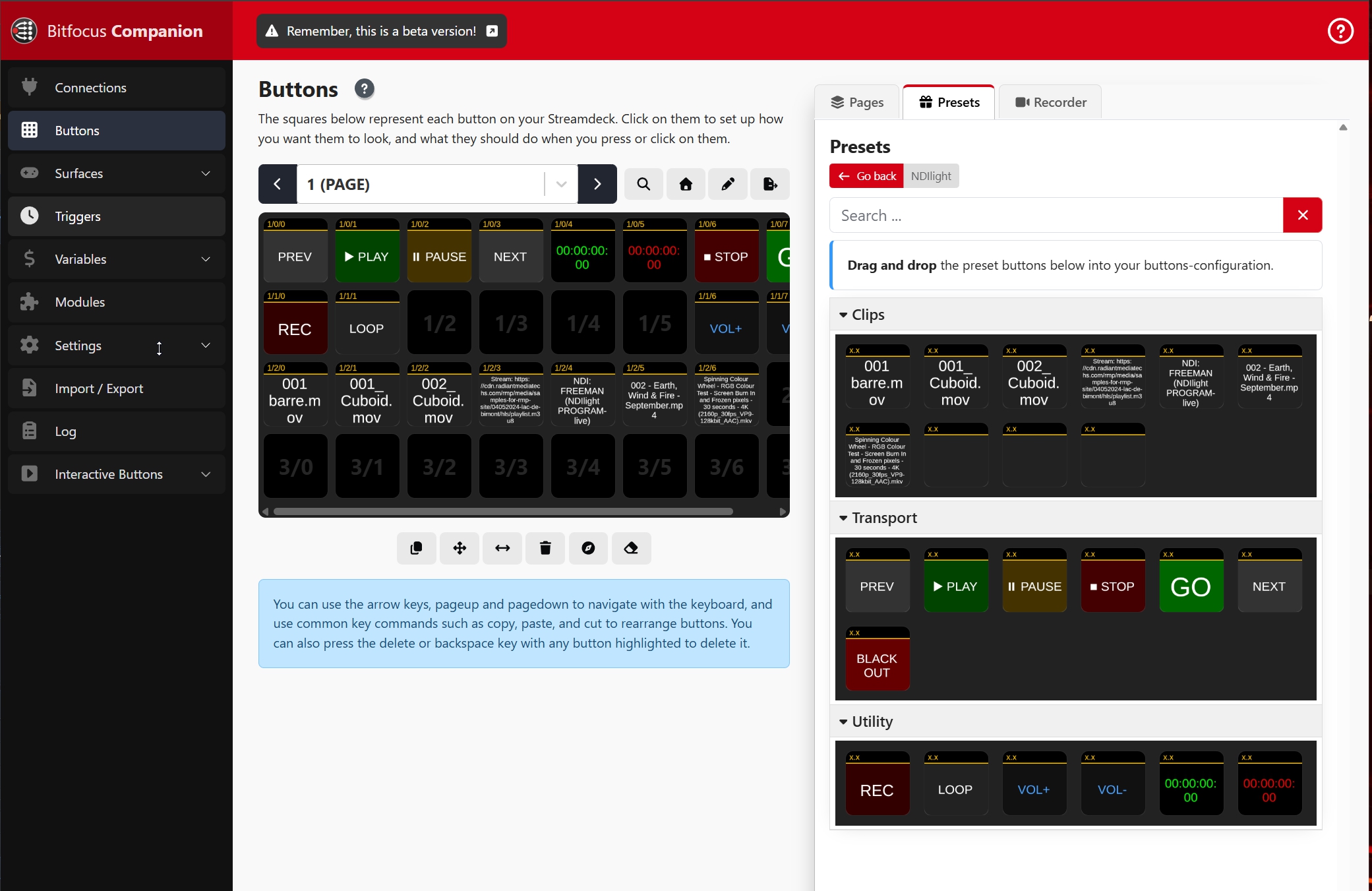 Companion — presets NDIlight drag-and-drop sur la grille Stream Deck