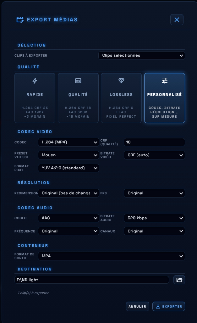 Export Médias — panneau personnalisé avec tous les réglages codec, résolution, audio