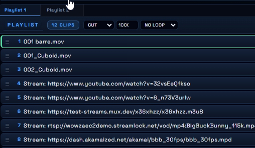Multi-playlist en onglets — Playlist 1, Playlist 2, +