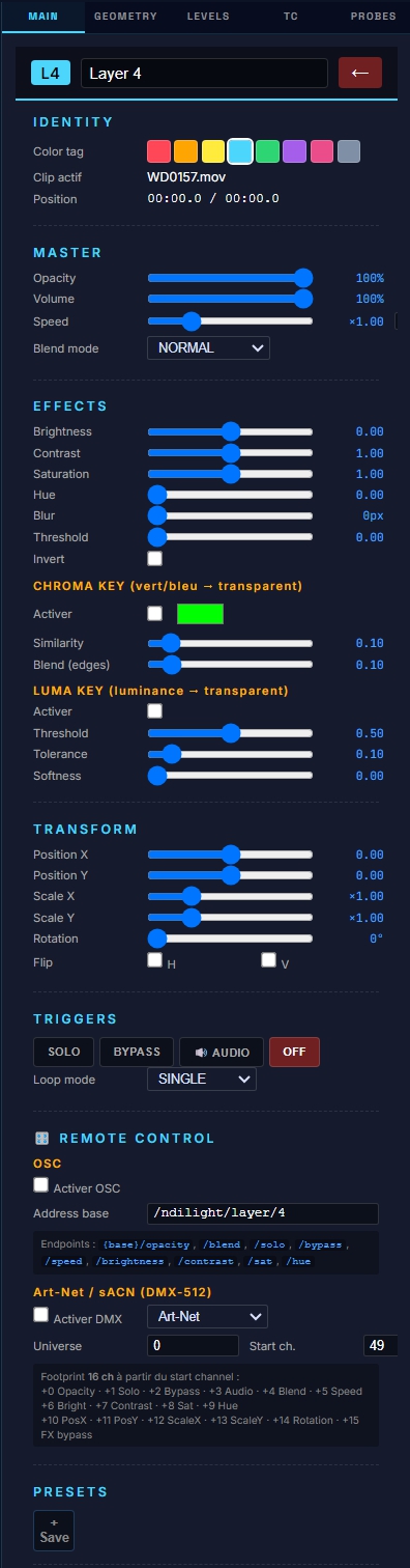 Vue d'ensemble d'un layer MATRIX — identité, master, effets, chroma/luma, transform, triggers, OSC, Art-Net 16 canaux