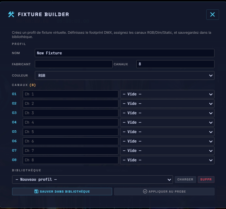 Fixture Builder — constructeur de profils de fixtures virtuelles DMX avec canaux RGB / Dimmer / Static
