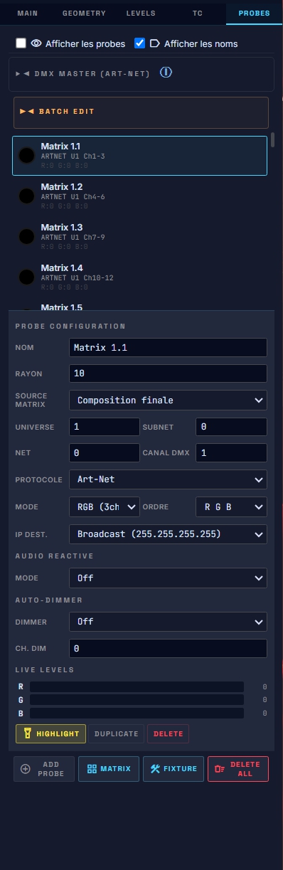 Onglet PROBES avec bandeau DMX MASTER replié