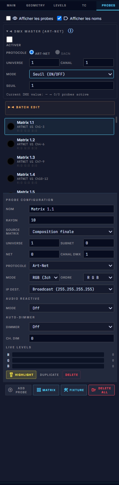 Onglet PROBES avec bandeau DMX MASTER déplié : activer, protocole, univers, canal, mode seuil, seuil, status live