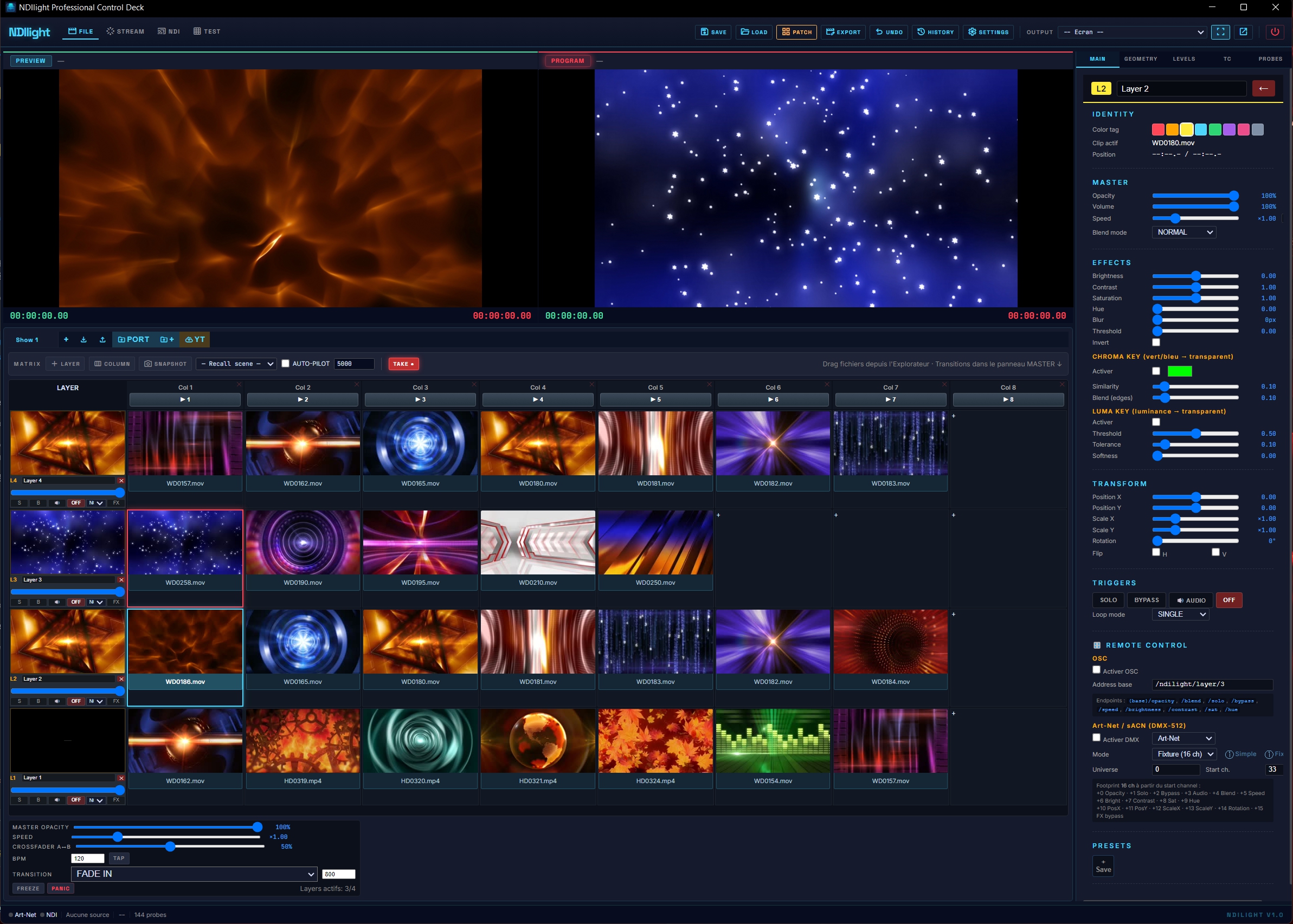 NDIlight — interface complète : Preview / Program, grille MATRIX multi-layers et panneau Layer Details avec contrôle DMX intégré