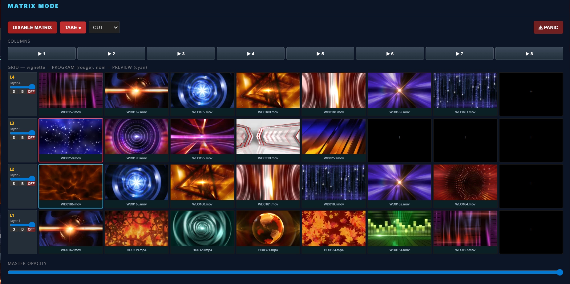 Grille MATRIX multi-layers pilotable depuis la Web Remote — 4 layers × 8 colonnes de clips déclenchables en un tap