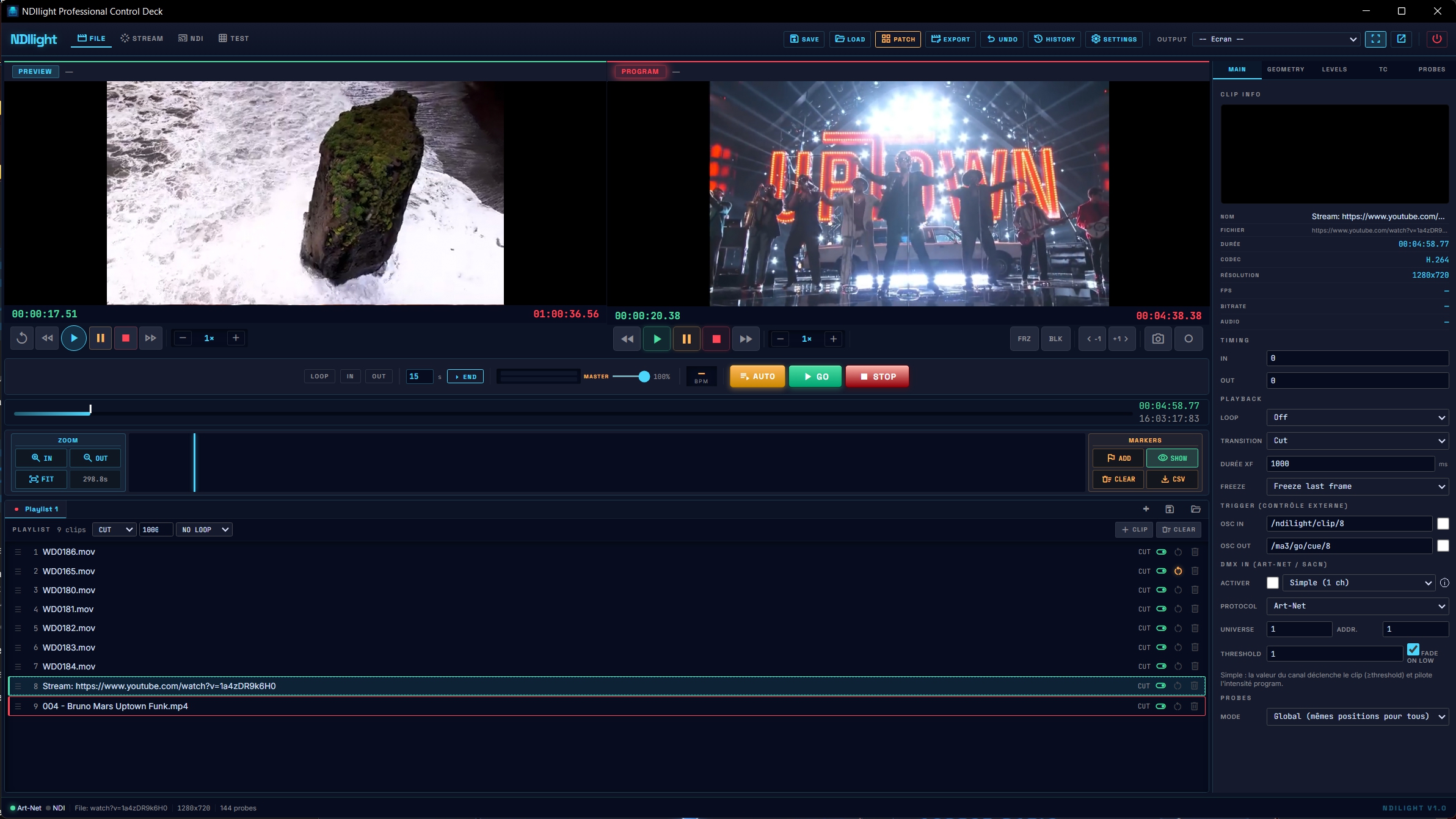 NDIlight en mode Simple DMX — 1 canal par clip, playlist mixte MOV + YouTube stream, panneau CLIP INFO avec DMX IN Simple activé