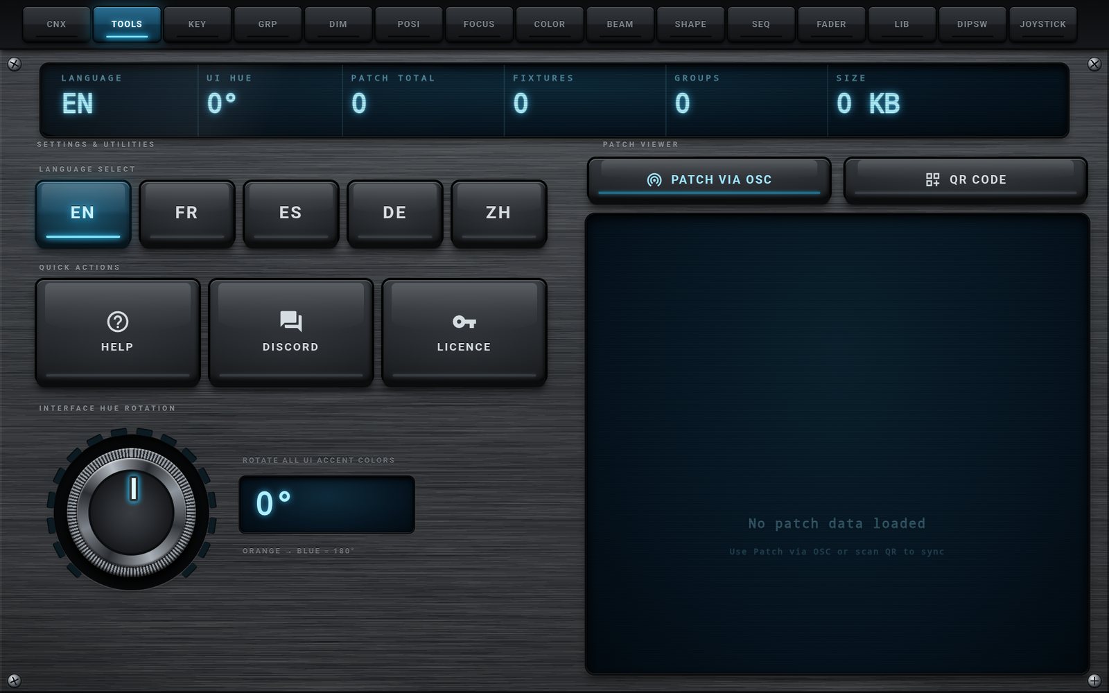 Onglet TOOLS : langue, actions rapides, teinte de l'interface et Patch Viewer.