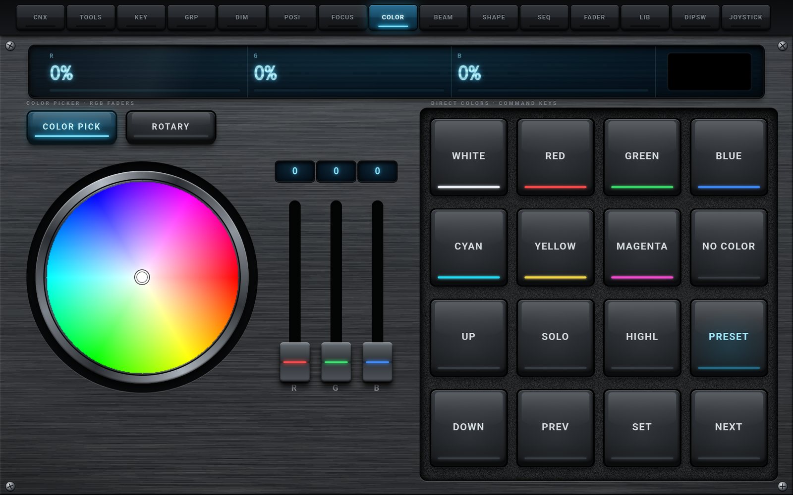 Onglet COLOR, vue COLOR PICK : roue chromatique et faders R, G, B.
