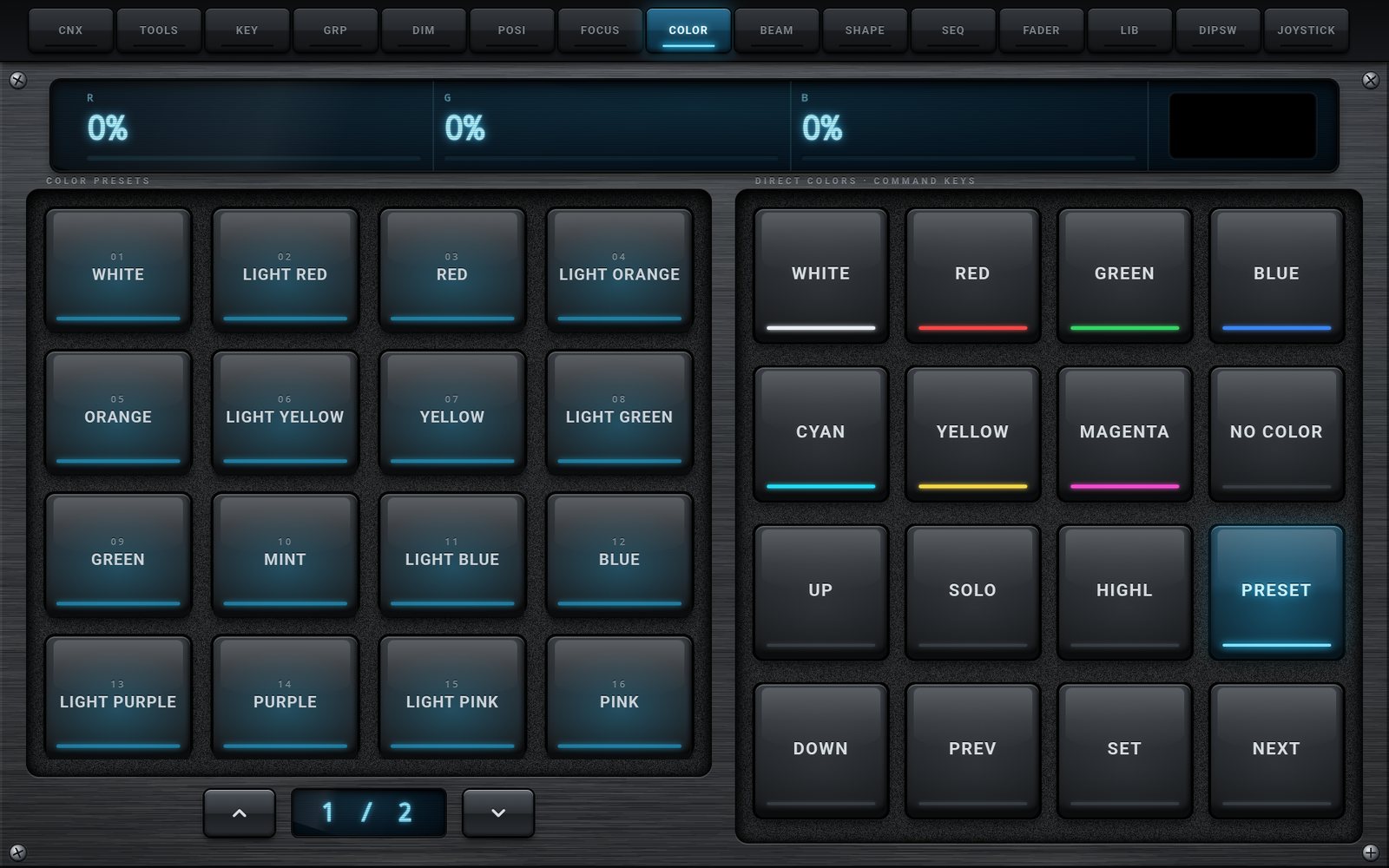 Vue PRESET de l'onglet COLOR : les presets de couleur de la console.